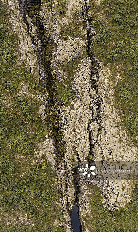 俯视图：冰岛Flosagja裂缝中的地表断层和裂缝图片素材