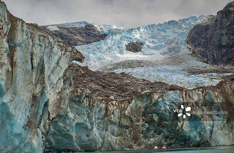 洛斯莱奥内斯冰川前沿蓝色冰川携带灰尘和岩石的近景图片素材
