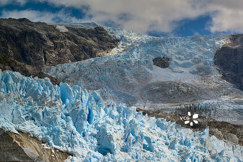 洛斯利奥内斯冰川在山间消融的侧视图图片素材