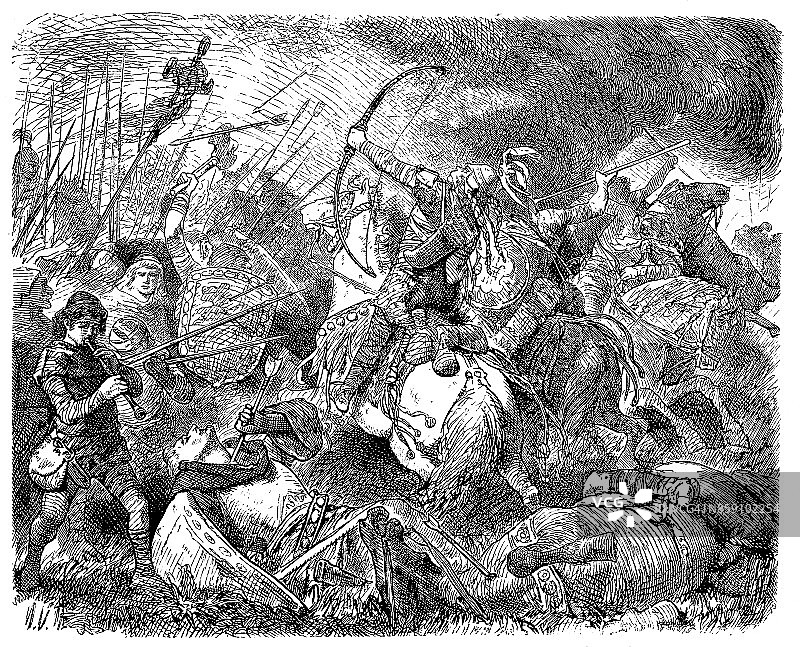 匈奴人在阿提拉的率领下，在沙隆被埃提乌斯指挥的西哥特人和罗马人击败图片素材