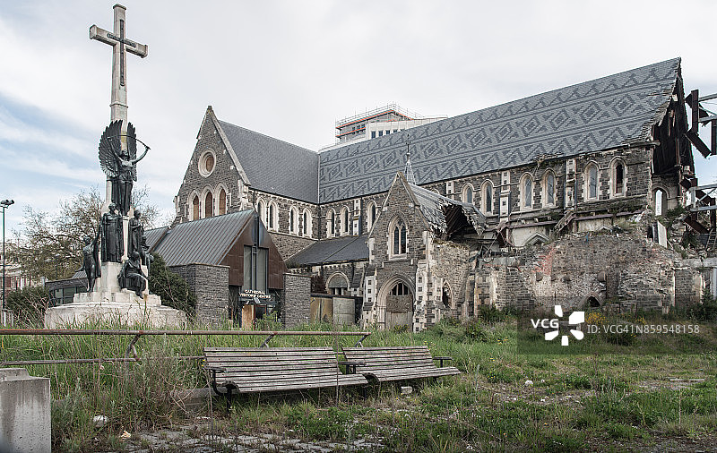 2011年坎特伯雷大地震后受损的基督城圣公会教堂遗址图片素材