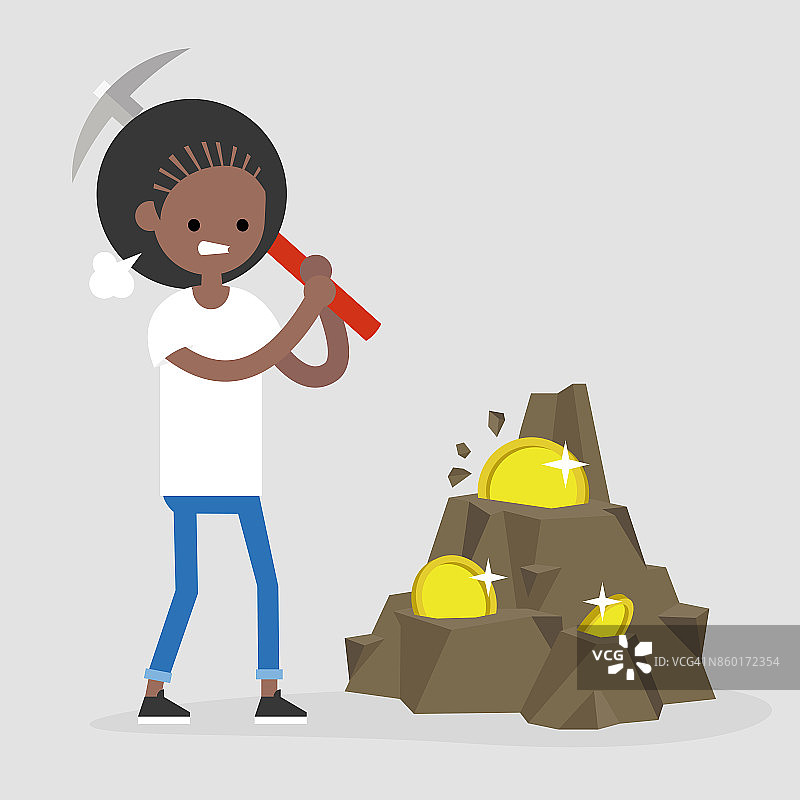 比特币挖矿概念插图：年轻黑人女性角色用镐挖掘加密货币，扁平可编辑矢量插图，剪贴画图片素材