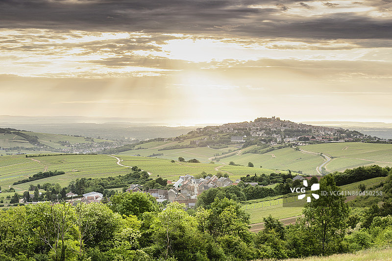 法国桑塞尔村庄和葡萄园的黎明图片素材