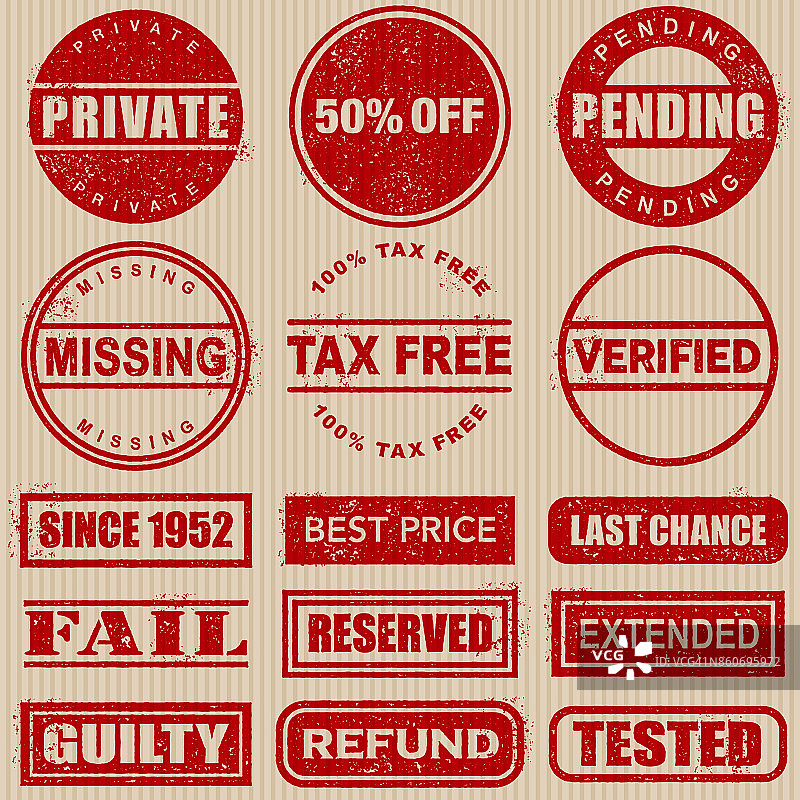 纸板上的红色橡胶印章图标集图片素材