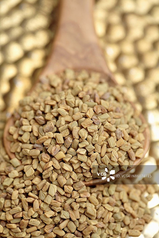 装有胡芦巴籽的木勺图片素材