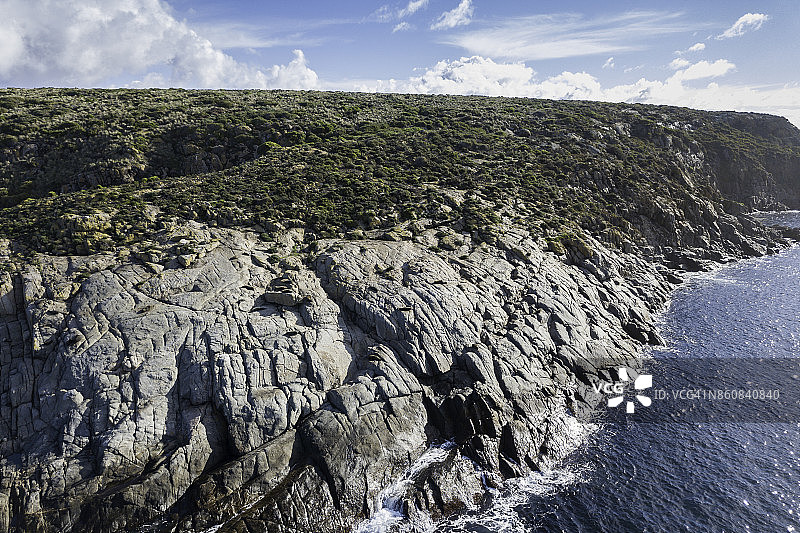 海王星岛北部鸟瞰：皮毛海豹和海狮在午后阳光下休息，南澳大利亚图片素材