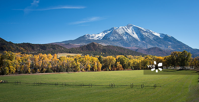 绿色田野远处的雪山图片素材