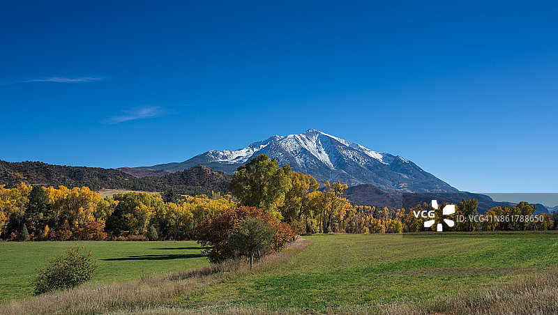 绿色田野远处的雪山图片素材