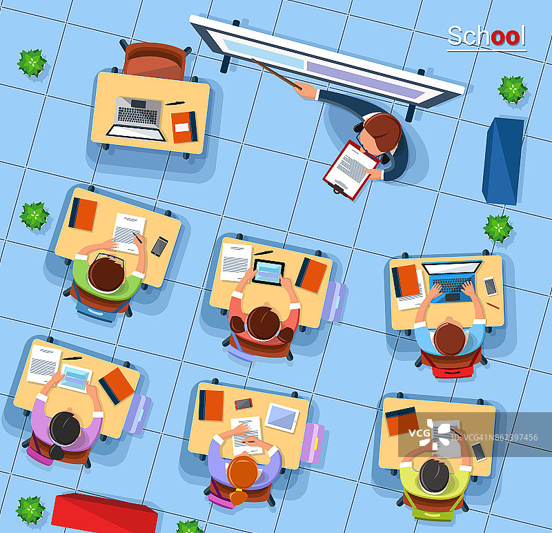 俯视角度的扁平风校园概念矢量插图图片素材