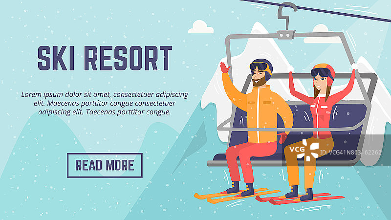 在滑雪胜地乘坐缆车的白人情侣图片素材