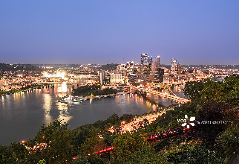 匹兹堡日落后的天际线（从华盛顿山拍摄），匹特堡桥横跨莫农加希拉河，迪尤肯桥横跨阿勒格尼河，宾夕法尼亚州匹兹堡的几座摩天大楼图片素材
