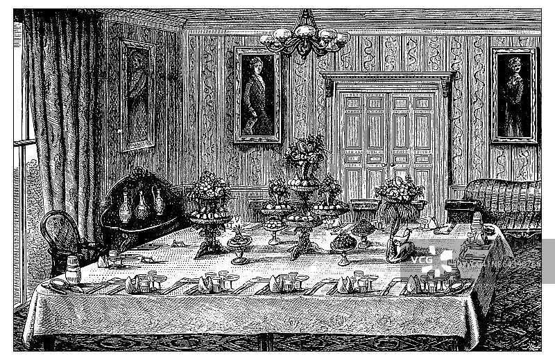 古董食谱书籍雕刻插图：餐桌图片素材