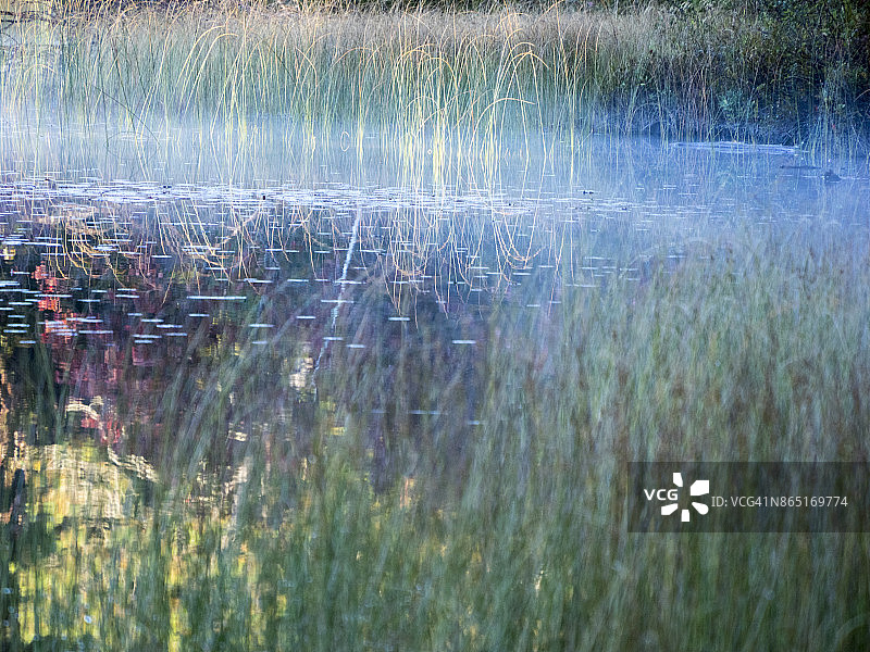 密歇根州海华沙国家森林公园议会湖的秋季倒影图片素材