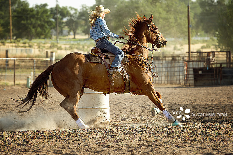 在竞技场骑着骏马进行绕桶赛的女人图片素材