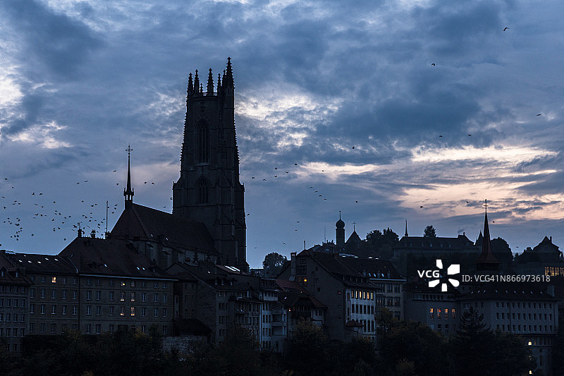 瑞士弗里堡大教堂的暮色图片素材
