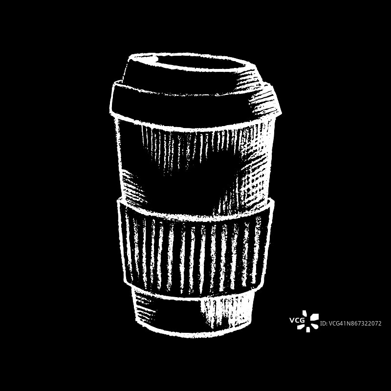 咖啡纸杯白色粉笔在黑色黑板上的矢量图。黑板上的大纸咖啡杯图片素材