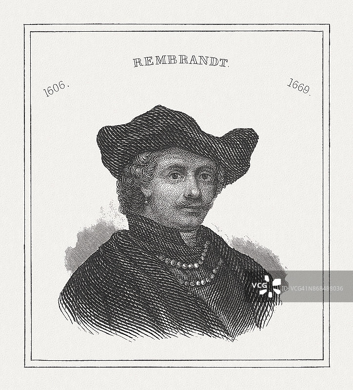 伦勃朗·凡·莱茵（荷兰画家，1606-1669）1843年出版的钢版雕刻图片素材
