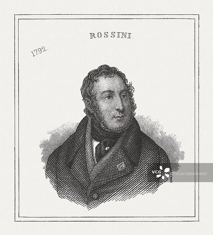 意大利作曲家焦阿基诺·安东尼奥·罗西尼 (1792-1868)，1843年出版的钢版雕刻图片素材