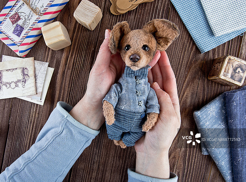 女人抱着玩具狗站在深色木桌旁图片素材