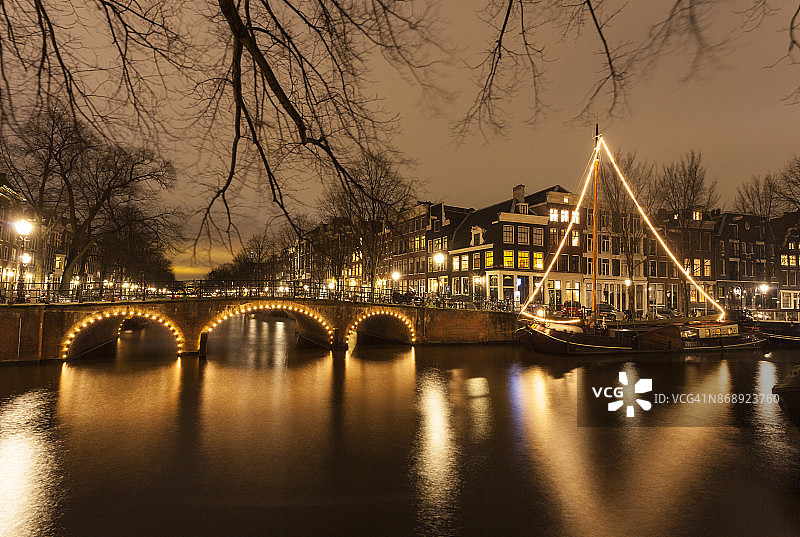阿姆斯特丹城市运河夜景图片素材