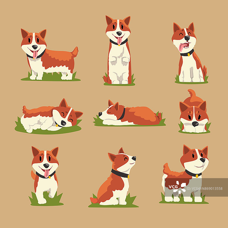 卡通红发柯基犬套装图片素材