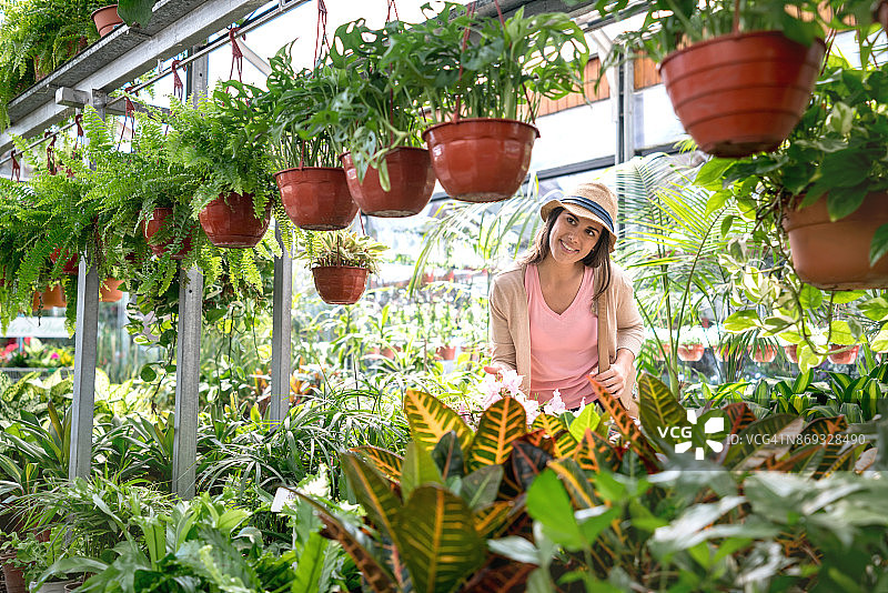 在温室里看着要购买的植物并微笑的漂亮顾客图片素材