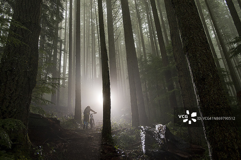 男人在雨中骑山地自行车穿过树林图片素材
