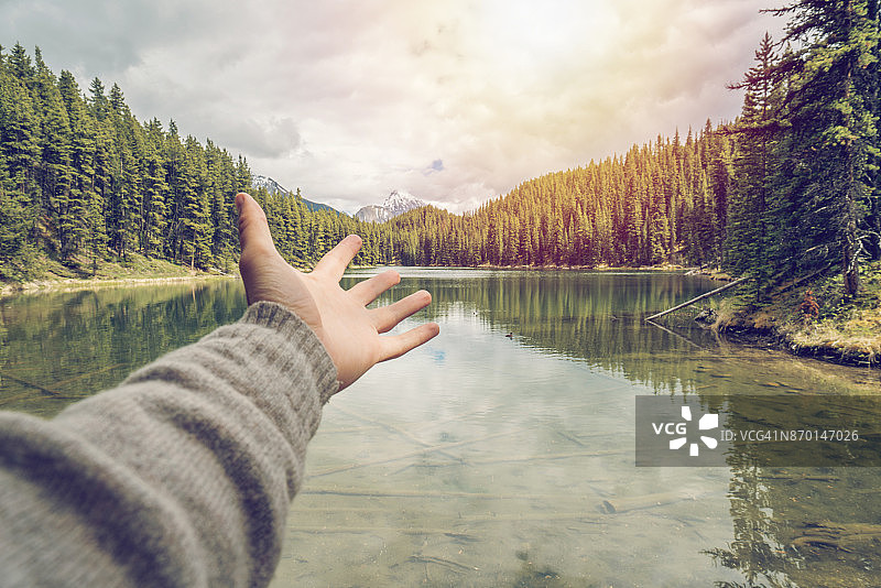 手伸向杯子捕捉日落光线的细节图片素材