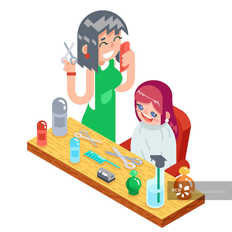 2.5D儿童理发师角色设计：女孩与女理发师图片素材