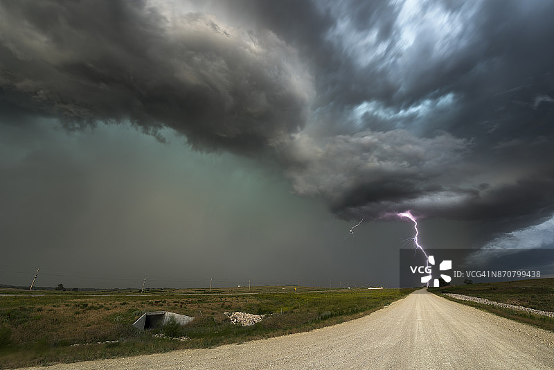 堪萨斯州泥路上的闪电雷暴图片素材