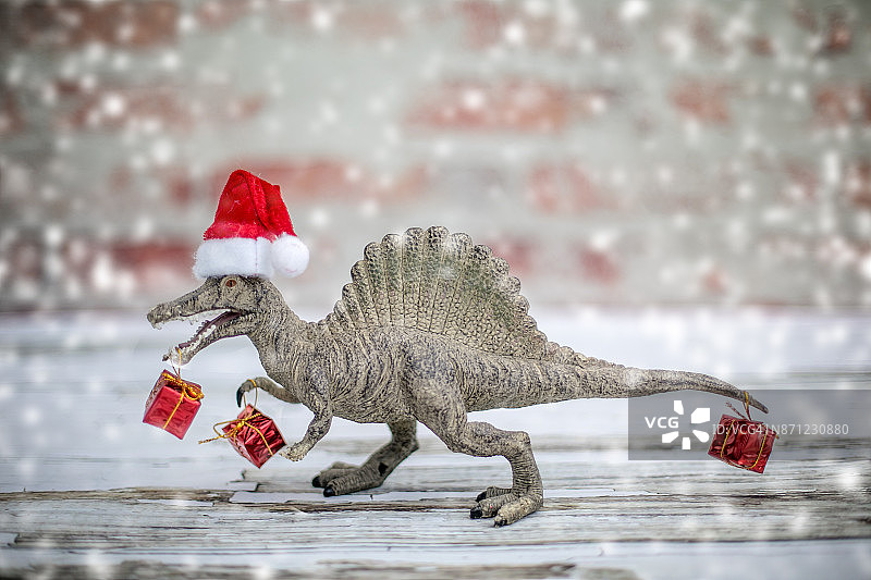 圣诞礼物和圣诞帽恐龙玩具图片素材