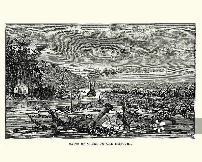 密苏里河上沉没的明轮船和树木筏，19世纪图片素材