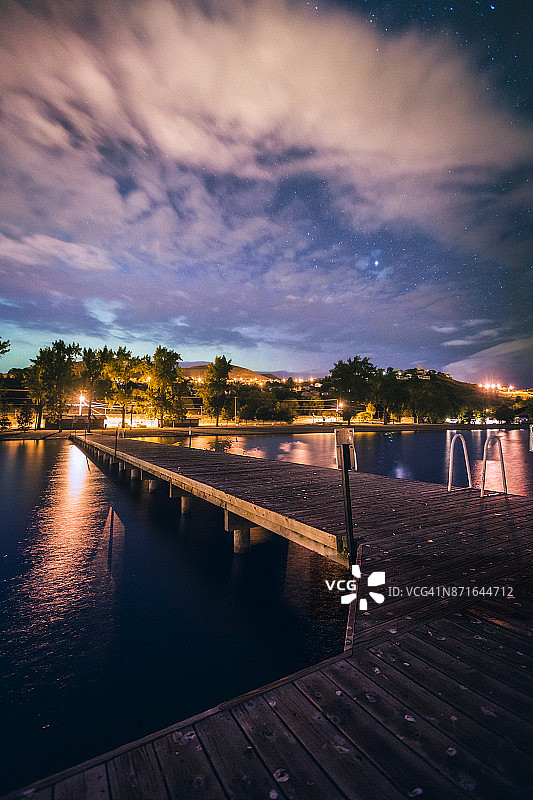 在加拿大不列颠哥伦比亚省卡拉马尔卡湖的码头上观看极光图片素材