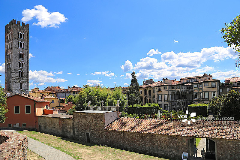 从卢卡城墙眺望老城区风光，意大利托斯卡纳卢卡图片素材