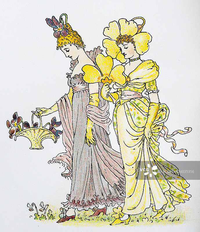 花草拟人古董插画：紫罗兰和报春花图片素材