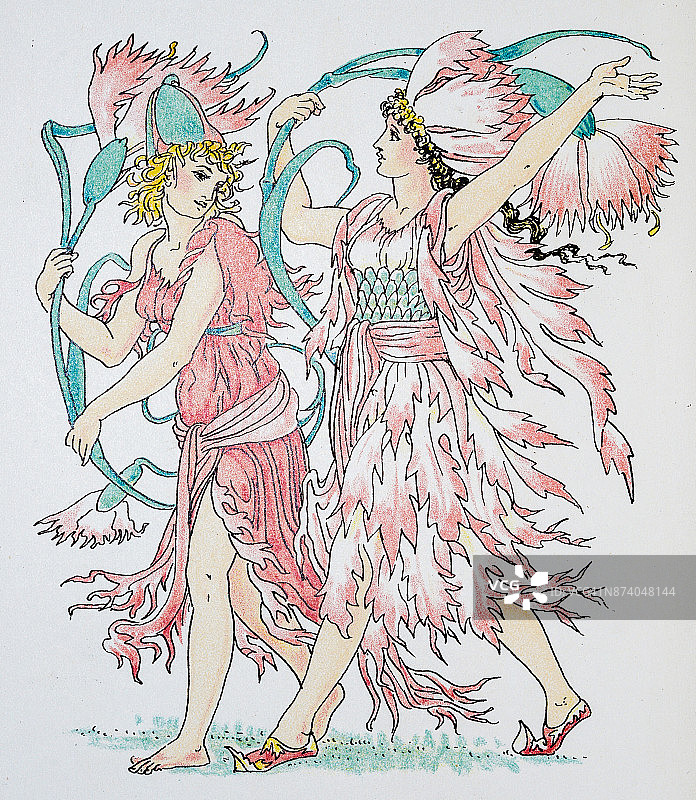 拟人化的花卉植物古董插画：粉红色图片素材