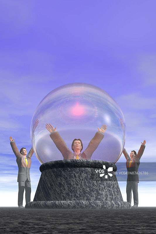 一群商人围绕着水晶球，试图召唤未来的愿景。图片素材