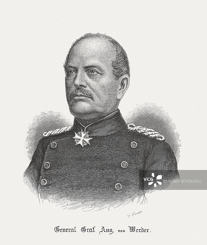 奥古斯特·冯·韦德（1808-1887），普鲁士将军，1891年出版的钢版雕刻图片素材