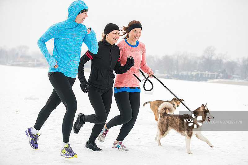 冬天和狗一起跑步图片素材