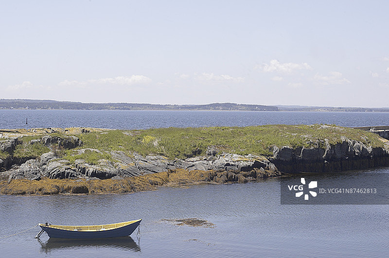 岩石岸边小溪中的小艇图片素材