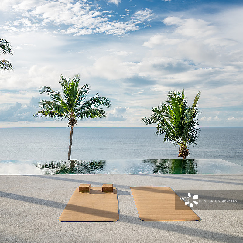 瑜伽练习背景，棕榈树，日出，热带图片素材