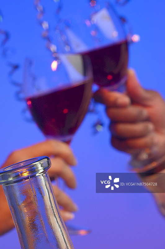 葡萄酒瓶和人们的敬酒图片素材