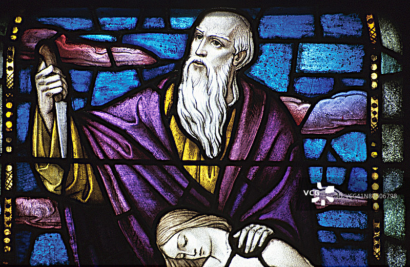 亚伯拉罕和以撒的彩色玻璃图片素材