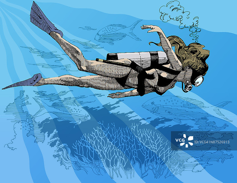 水肺潜水员在珊瑚礁上游泳图片素材