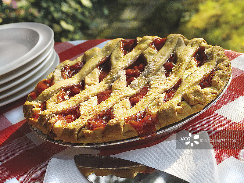 野餐桌上的樱桃派特写图片素材