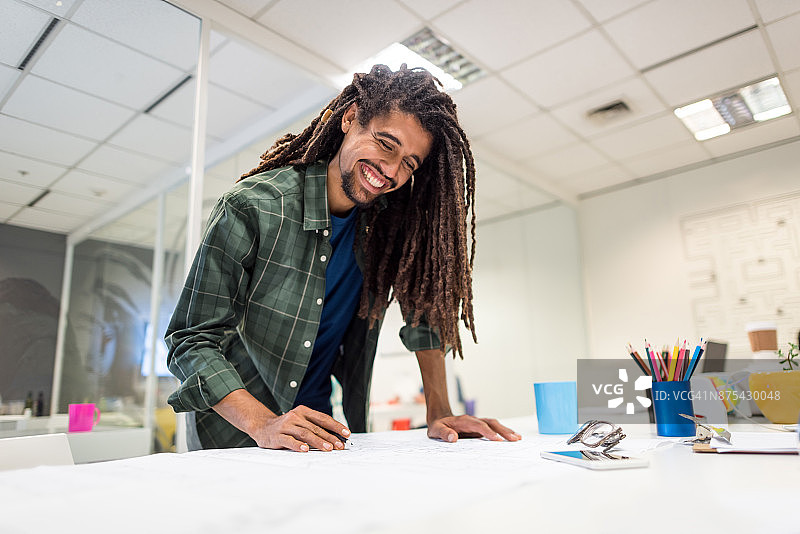 在创意办公室工作的快乐雷鬼头男人图片素材