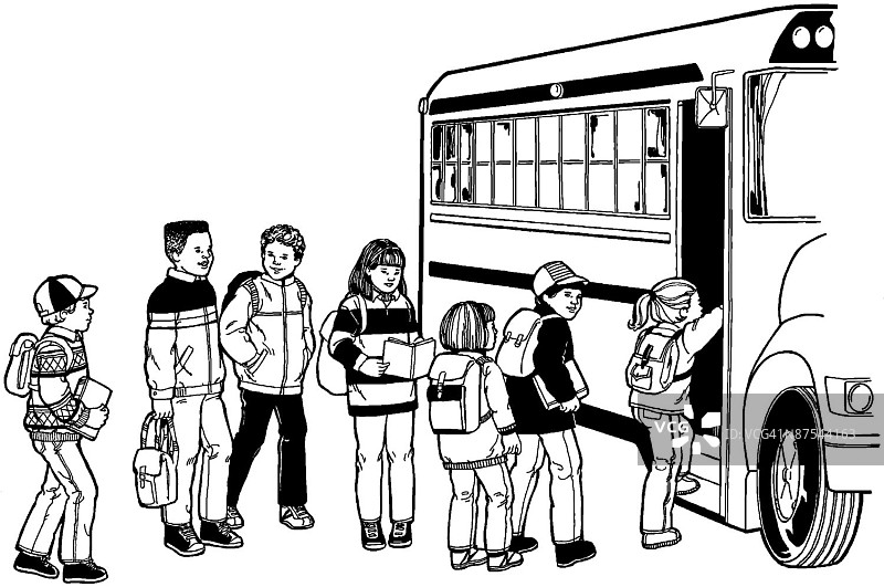 线条画学生上校车图片素材