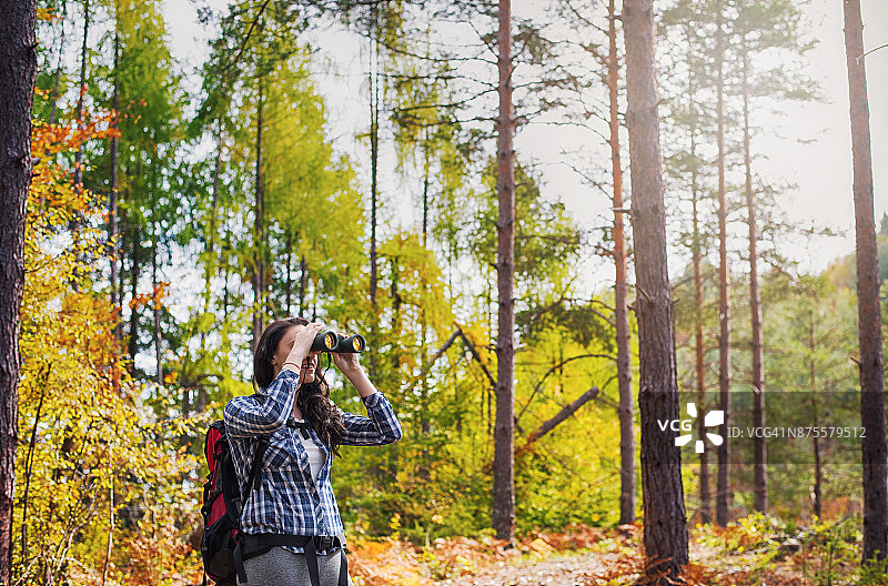 年轻女徒步者用双筒望远镜观察野生鸟类图片素材