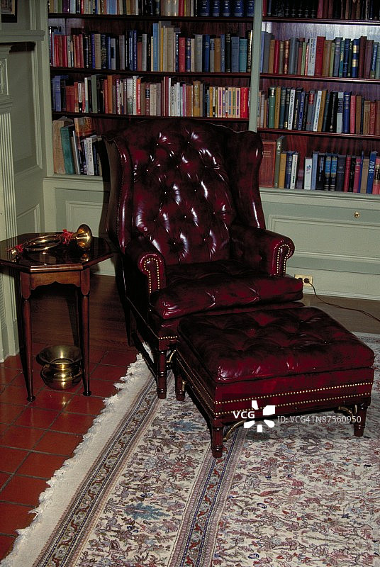 家庭图书馆中的皮椅和书柜图片素材