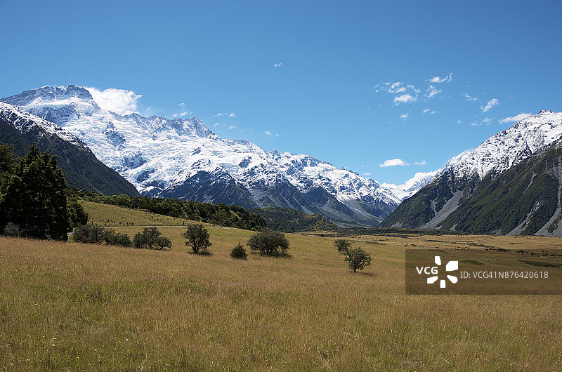 胡克山谷后方的西夫顿山和毗邻的雪峰图片素材